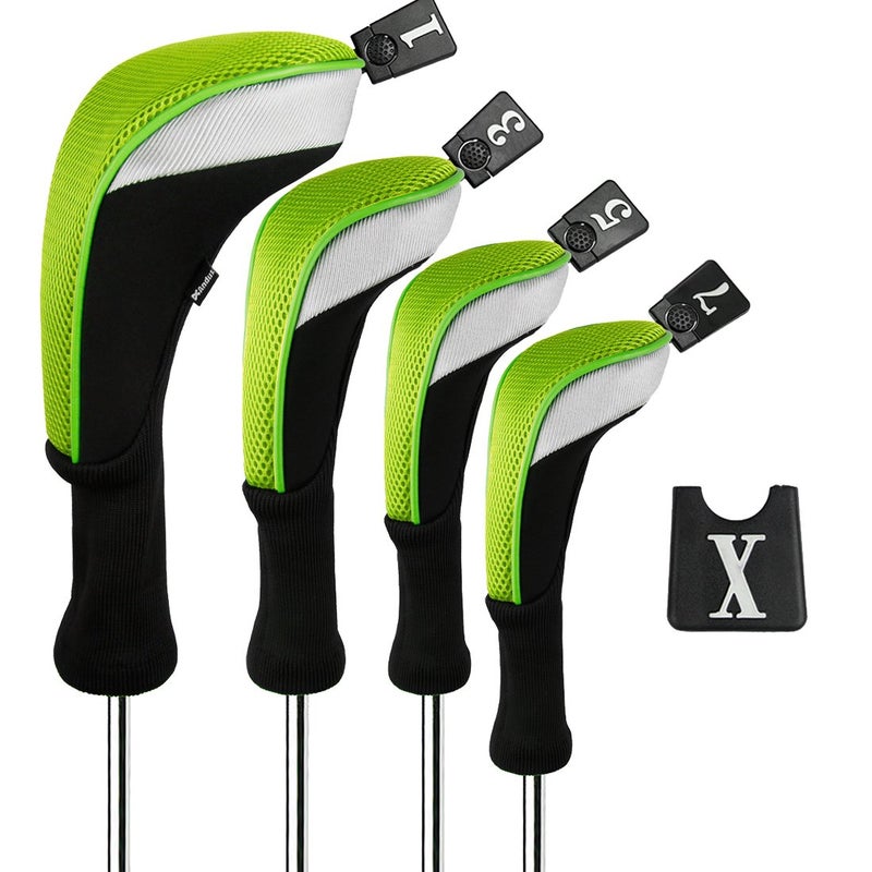Andux 4pcs/Set Mesh Golf 460cc Driver Fairway Wood Club Head Covers Long Neck with No. Tags Black/Green - Image 1